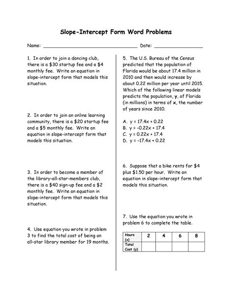 slope intercept form word problems worksheet answer key